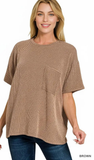 Zenana Relaxed Fit Ribbed Pocket Top, Assorted Colors