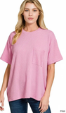 Zenana Relaxed Fit Ribbed Pocket Top, Assorted Colors