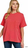 Zenana Relaxed Fit Ribbed Pocket Top, Assorted Colors