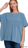 Zenana Relaxed Fit Ribbed Pocket Top, Assorted Colors