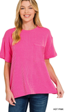 Zenana Relaxed Fit Ribbed Pocket Top, Assorted Colors