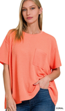 Zenana Relaxed Fit Ribbed Pocket Top, Assorted Colors