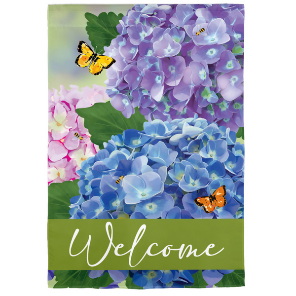 ‘Hydrangea & Butterfly Welcome Burlap’ Decorative Flag