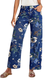 LS, Floral Print Wide Leg Jean, Dark Denim