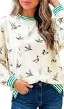 Mallard Duck Print Striped Trim Pullover