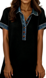 FW, Waffle Knit w/ Denim Contrast Polo Tee Dress