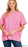Zenana Relaxed Fit Ribbed Pocket Top, Assorted Colors
