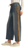 JODIFL Drawstring Washed Denim Pants w/ Leopard Stripe