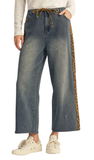 JODIFL Drawstring Washed Denim Pants w/ Leopard Stripe