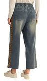 JODIFL Drawstring Washed Denim Pants w/ Leopard Stripe