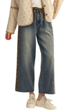 JODIFL Drawstring Washed Denim Pants w/ Leopard Stripe