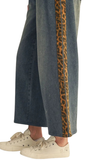 JODIFL Drawstring Washed Denim Pants w/ Leopard Stripe