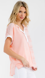 7th Ray Lace Contrast Henley Short Sleeve Top