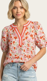 Floral Y-Neck Puff Sleeve Top