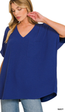 Zenana Oversized V-Neck Pocket Top, Assorted Colors