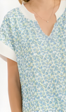 7th Ray Floral Split Neck Top in Blue