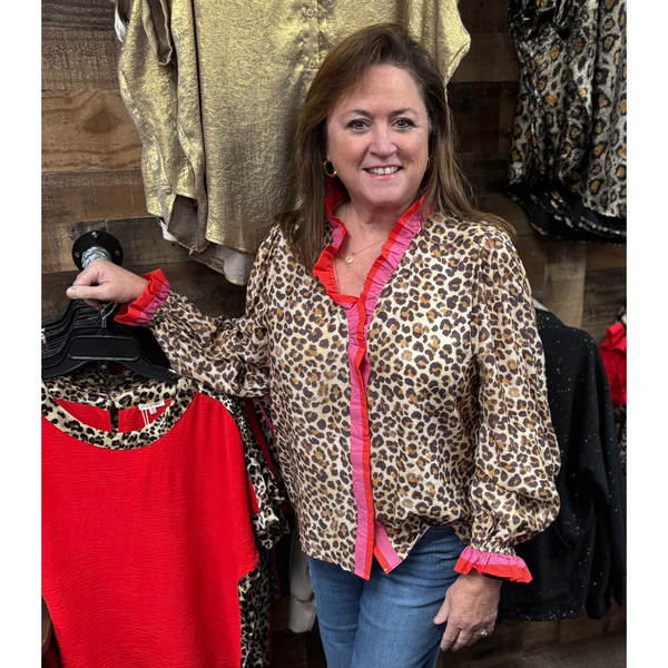 Bibi Ruffled Contrast Leopard Print Long Sleeve Top