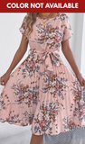 LOVESOFT Pleated Midi Dress with Tie Waist, Navy Floral