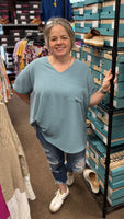 Zenana Oversized V-Neck Pocket Top, Assorted Colors