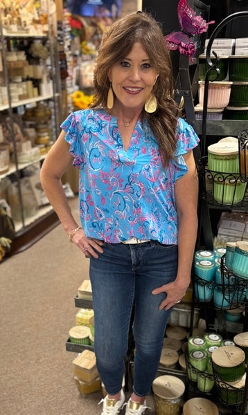 Dear Scarlett "Liz" Ruffle Sleeve Top In Aqua Abstract