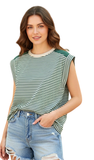 Short Crew Neck Color Blocked Striped Top in Ivory/Green