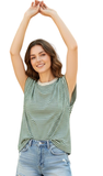 Short Crew Neck Color Blocked Striped Top in Ivory/Green