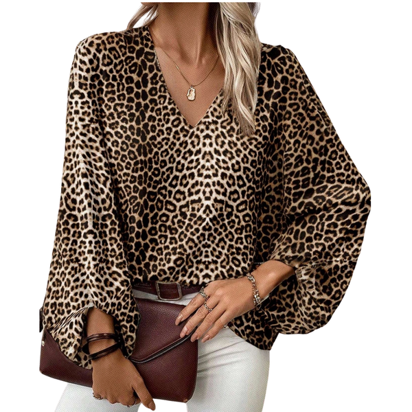 Leopard Print V-Neck Balloon Sleeve Top