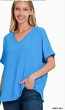Zenana Woven Airflow V-Neck Short Sleeve Top, Assorted Colors