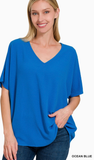 Zenana Woven Airflow V-Neck Short Sleeve Top, Assorted Colors