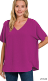 Zenana Woven Airflow V-Neck Short Sleeve Top, Assorted Colors