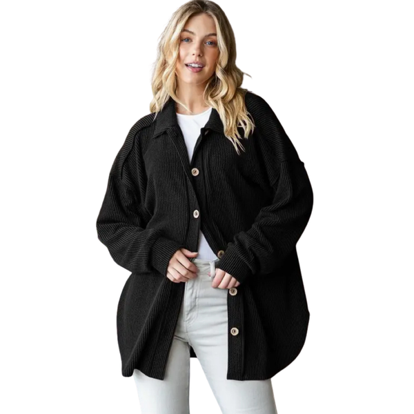 HEIMISH Basic Collar Ribbed Button Down Shacket Top, Assorted Colors