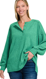 ZENANA Ribbed Brushed Hacci Henley Sweater, Assorted Colors