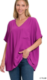Zenana Oversized V-Neck Pocket Top, Assorted Colors