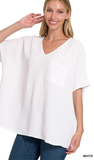 Zenana Oversized V-Neck Pocket Top, Assorted Colors