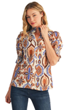 JODIFL Boho Print Blouse w/ Smocking, Assorted Colors
