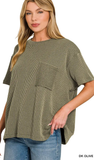 Zenana Relaxed Fit Ribbed Pocket Top, Assorted Colors
