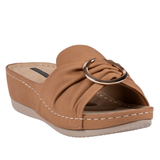Good Choice Shoes “ISOLA” Wedge Wide Band Cinched with Metal Ring, Tan