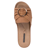 Good Choice Shoes “ISOLA” Wedge Wide Band Cinched with Metal Ring, Tan