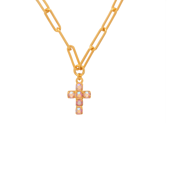 Sorrelli Carly Cross Pendant Necklace in Light Rose Aurora Borealis
