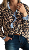 Ruffled Contrast Leopard Print Long Sleeve Top