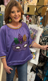 BiBi Mardi Gras Theme Sequin Mask Patched Sleeves Top