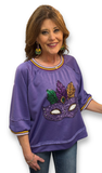 BiBi Mardi Gras Theme Sequin Mask Patched Sleeves Top