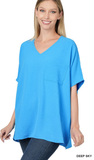 Zenana Oversized V-Neck Pocket Top, Assorted Colors