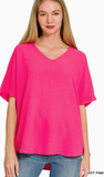 Zenana Woven Airflow V-Neck Short Sleeve Top, Assorted Colors