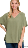 Zenana Woven Airflow V-Neck Short Sleeve Top, Assorted Colors