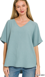 Zenana Woven Airflow V-Neck Short Sleeve Top, Assorted Colors