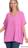Zenana Oversized V-Neck Pocket Top, Assorted Colors