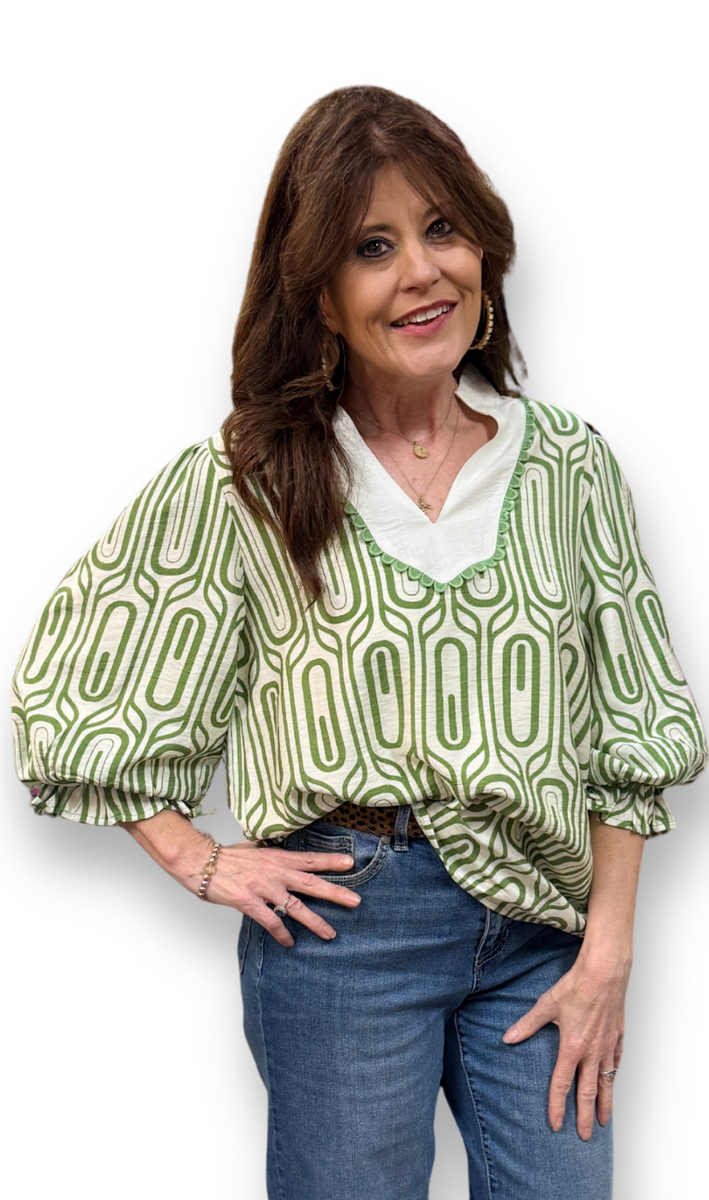 Jodifl Scallop Trim GeoPrint Top, Assorted Colors – MeLinda's Fine Gifts