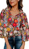 Floral Puff Sleeve Tie Neck Blouse