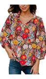 Floral Puff Sleeve Tie Neck Blouse